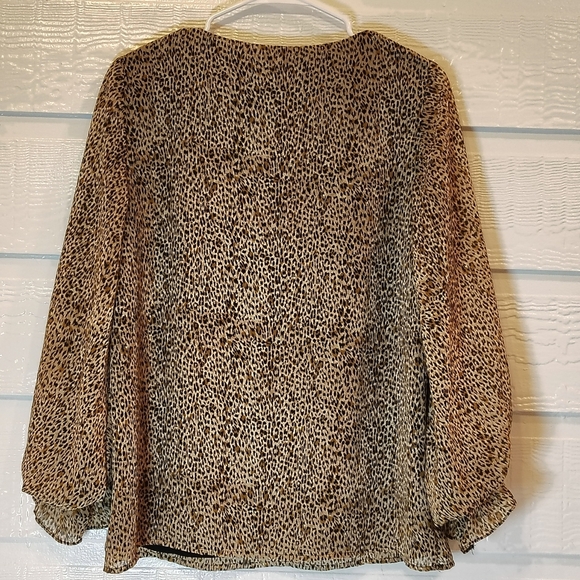 Vince Camuto Top Womens M Brown Ruffle Leopard Print  Smock Sleeve Maximalist - Picture 8 of 8